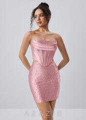 Nolagen Powder Pink Beading Rhinestone Stretch Satin Corset Two-piece Mini Dress
