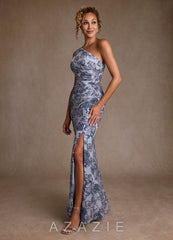 Azazie Joylin Dusty Blue Jacquard Trumpet One Shoulder Floral Jacquard Dress dusty_blue_jacquard