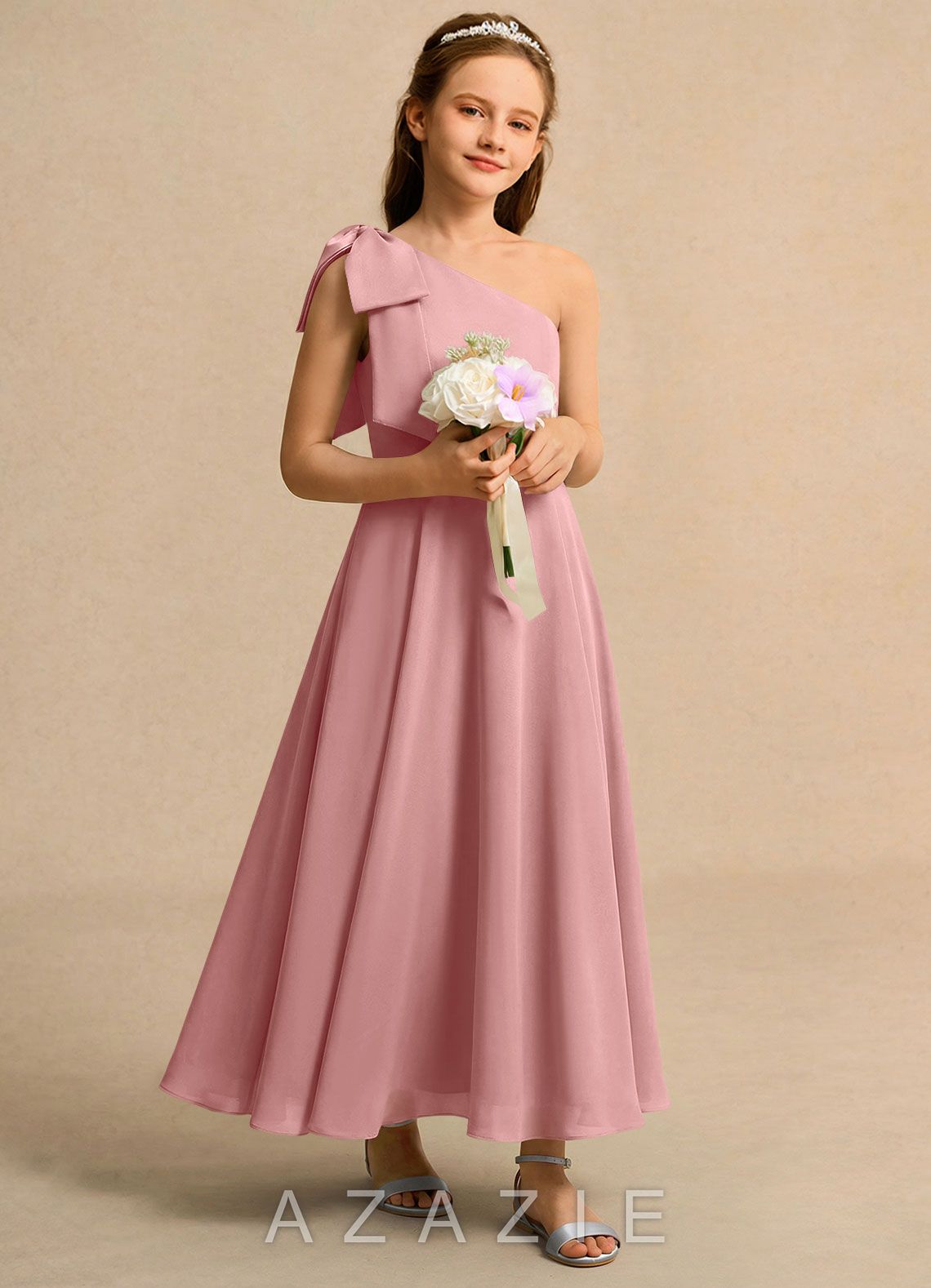 Azazie Guppy Girls Formal Dusty Rose A-Line One Shoulder Chiffon Dress