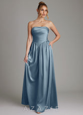 Azazie Zena Dusty Blue A-Line Strapless Stretch Satin Dress