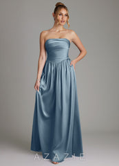 Azazie Zena Dusty Blue A-Line Strapless Stretch Satin Dress