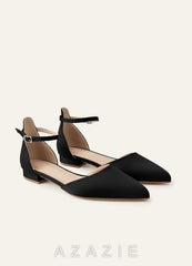 Matching Color Matte Satin Pointed Toe Ankle Strap Flat Pumps Low Heel Wedding Shoes black