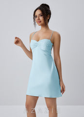Joviannelle Sky Blue Beading Sequin Embroidery Satin Open Back Mini Dress