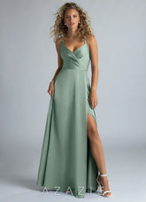 Azazie Davis Agave A-Line Pleated Stretch Satin Dress