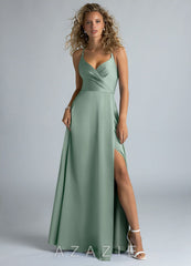 Azazie Davis Agave A-Line Pleated Stretch Satin Dress