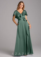Azazie Lainey Eucalyptus A-Line with Pockets Stretch Satin Dress