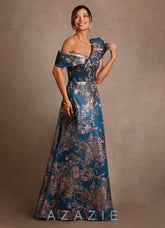 Azazie Des Moines Teal Floral A-Line One Shoulder Floral Jacquard Dress