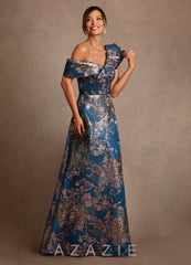 Azazie Des Moines Teal Floral A-Line One Shoulder Floral Jacquard Dress