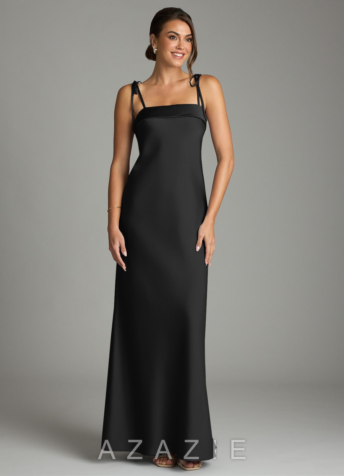 Azazie Ellia Black Sheath Bow Stretch Satin Dress