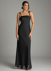 Azazie Ellia Black Sheath Bow Stretch Satin Dress