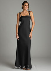 Azazie Ellia Black Sheath Bow Stretch Satin Dress