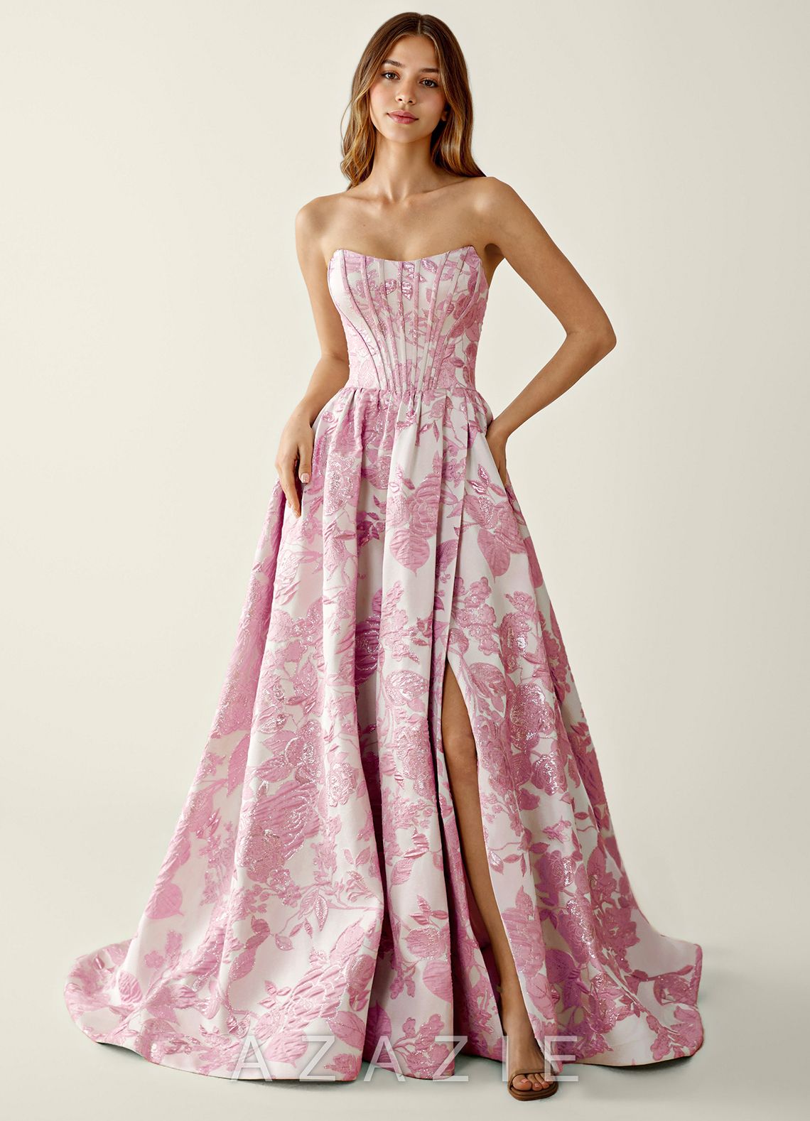 Allegra Pink Floral Jacquard A-line Prom Dress