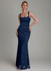 Azazie Agustina Dark Navy Mermaid Corset Floral Burnout Dress
