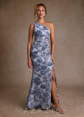 Azazie Joylin Dusty Blue Jacquard Trumpet One Shoulder Floral Jacquard Dress dusty_blue_jacquard