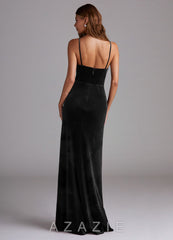 Azazie Maci Black Sheath Pleated Velvet Dress black