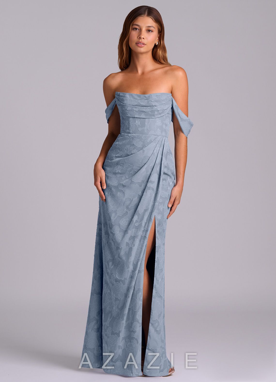 Azazie Johana Dusty Blue Mermaid Off the Shoulder Floral Burnout Convertible Dress