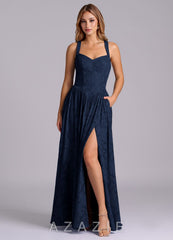Azazie Francis Dark Navy A-Line Corset Floral Burnout Dress