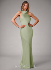 Azazie Velli Dusty Sage Mermaid High Neck Stretch Satin Dress