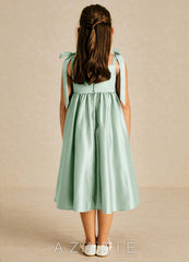 Azazie Chelsie Agave A-Line Bow Matte Satin Dress agave