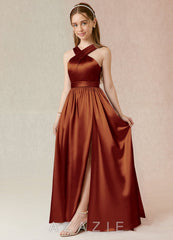 Azazie Jiya Junior Auburn A-Line Pleated Metallic Satin Dress