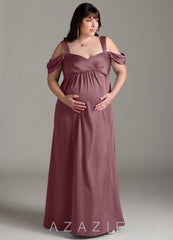 Azazie Rhea Stretch Satin Dress A-Line Off-The-Shouler Pleated Stretch Satin Floor-Length Dress amethyst