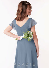Azazie Omari Junior Dusty Blue A-Line Ruched Chiffon Dress dusty_blue