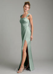 Azazie Filippa Agave A-Line Pleated Stretch Satin Dress agave