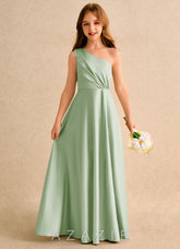 Azazie Puddles Girls Formal Dusty Sage A-Line One Shoulder Matte Satin Dress