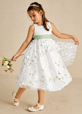 Azazie Pollie Ivory Dusty Sage A-Line Bow Tulle Dress