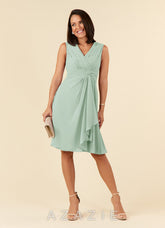 Azazie Theron Agave A-Line V-Neck Pleated Chiffon Dress