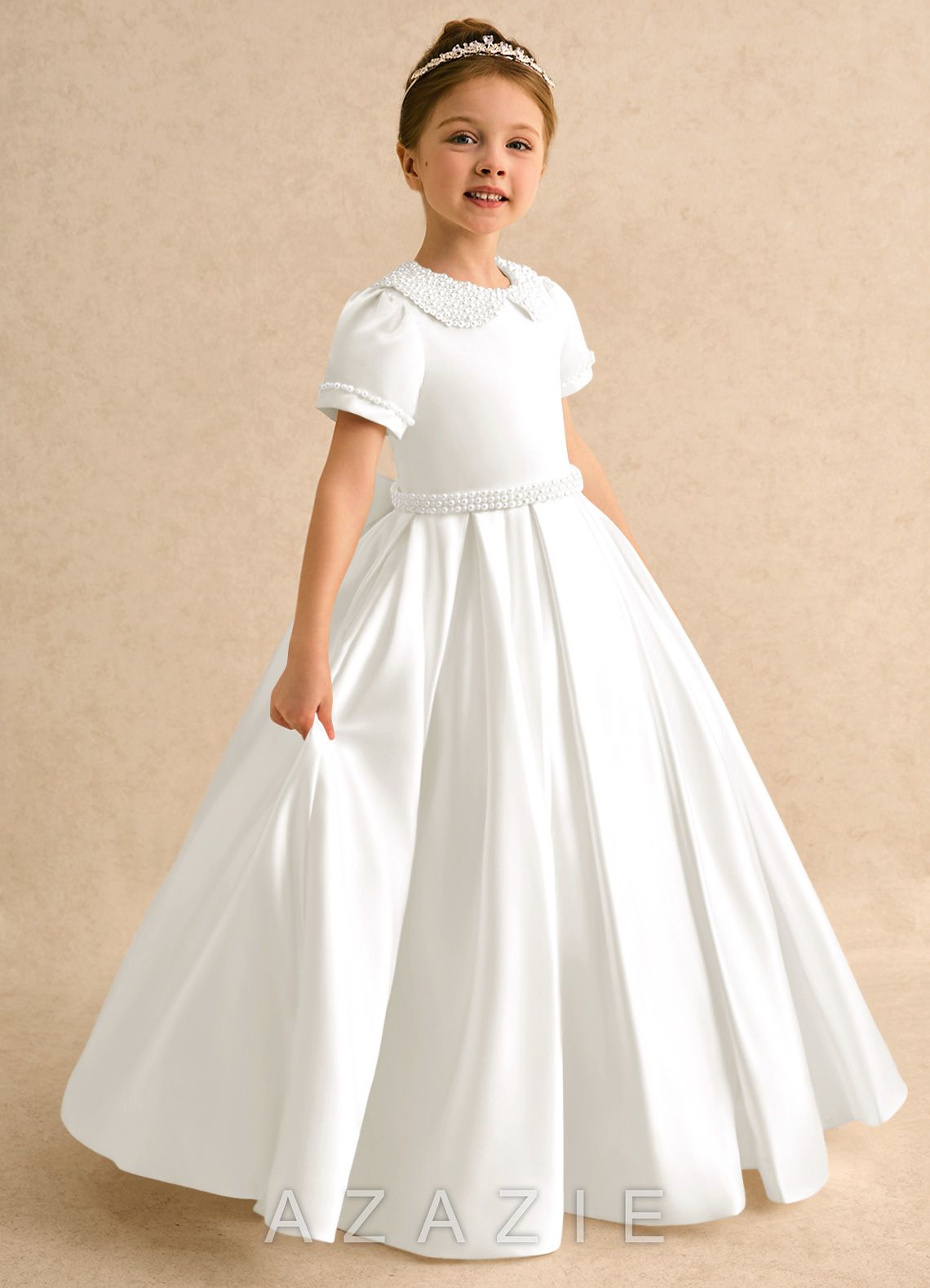 Azazie Gabriella Ivory Ball-Gown with Sleeves Matte Satin Dress