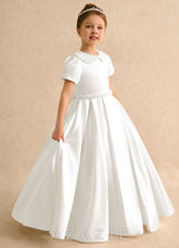 Azazie Gabriella Ivory Ball-Gown with Sleeves Matte Satin Dress