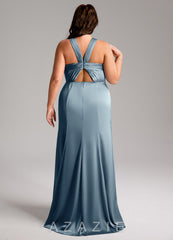Azazie Rue Dusty Blue Mermaid Pleated Stretch Satin Dress dusty_blue
