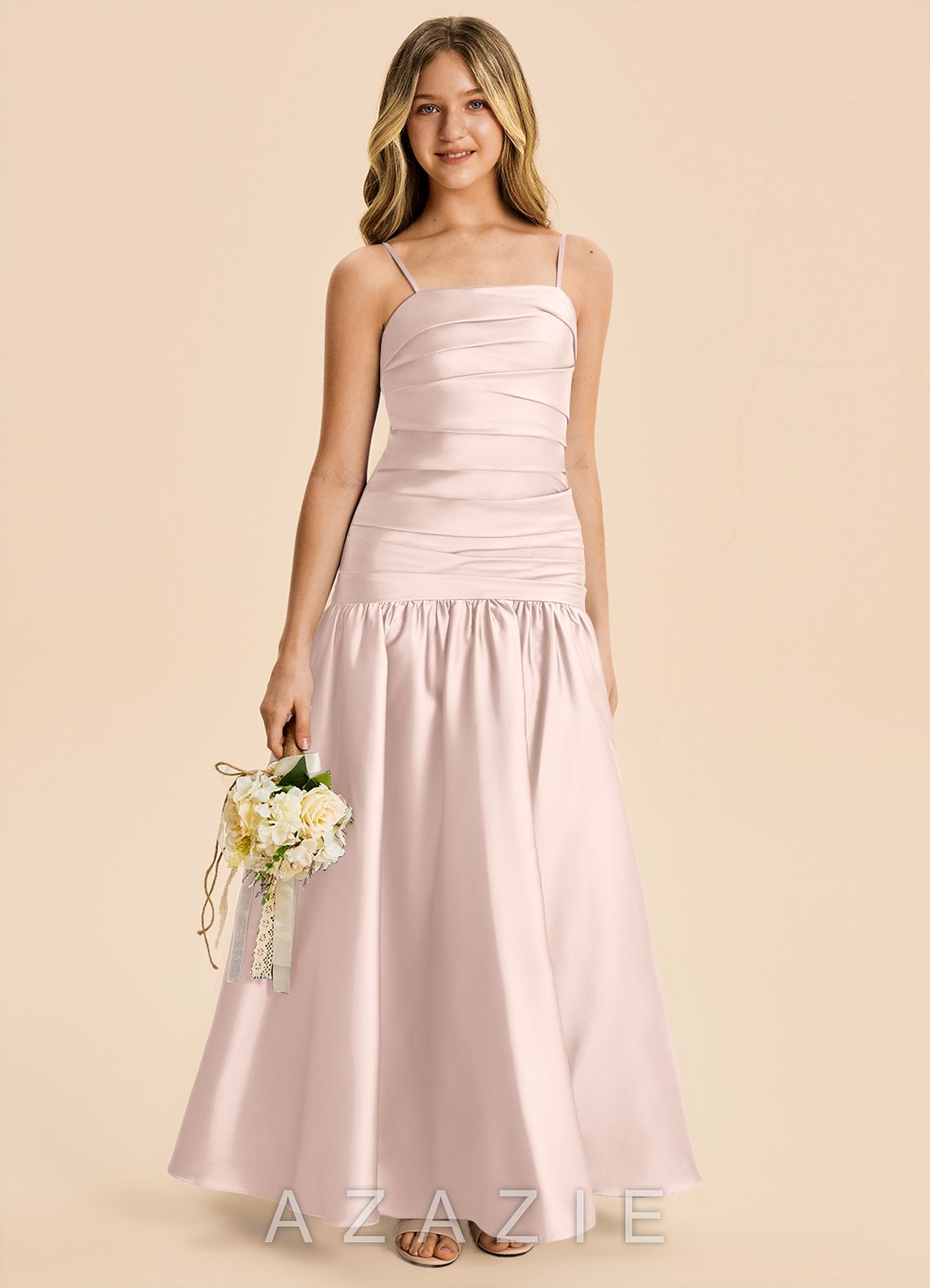 Azazie Romi Junior Blushing Pink A-Line Pleated Stretch Satin Dress