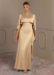 Azazie Eli Champagne Sheath Boatneck Stretch Satin Dress champagne