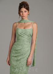 Azazie Calandra Dusty Sage Sheath Pleated Floral Burnout Dress dusty_sage