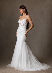 Azazie Denise Wedding Dress Diamond White Mermaid Sequins Tulle Dress diamond_white