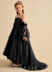Azazie Karrie Black A-Line with Sleeves Tulle Dress black