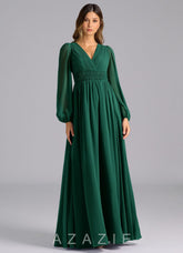 Azazie Palerma Emerald A-Line Long Sleeve Chiffon Dress