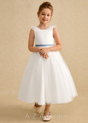 Azazie Amber Ivory Dusty Blue A-Line Bow Tulle Dress ivory/dusty_blue