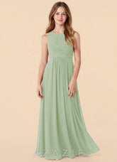 Azazie Skyla Junior Dusty Sage A-Line Pleated Chiffon Dress