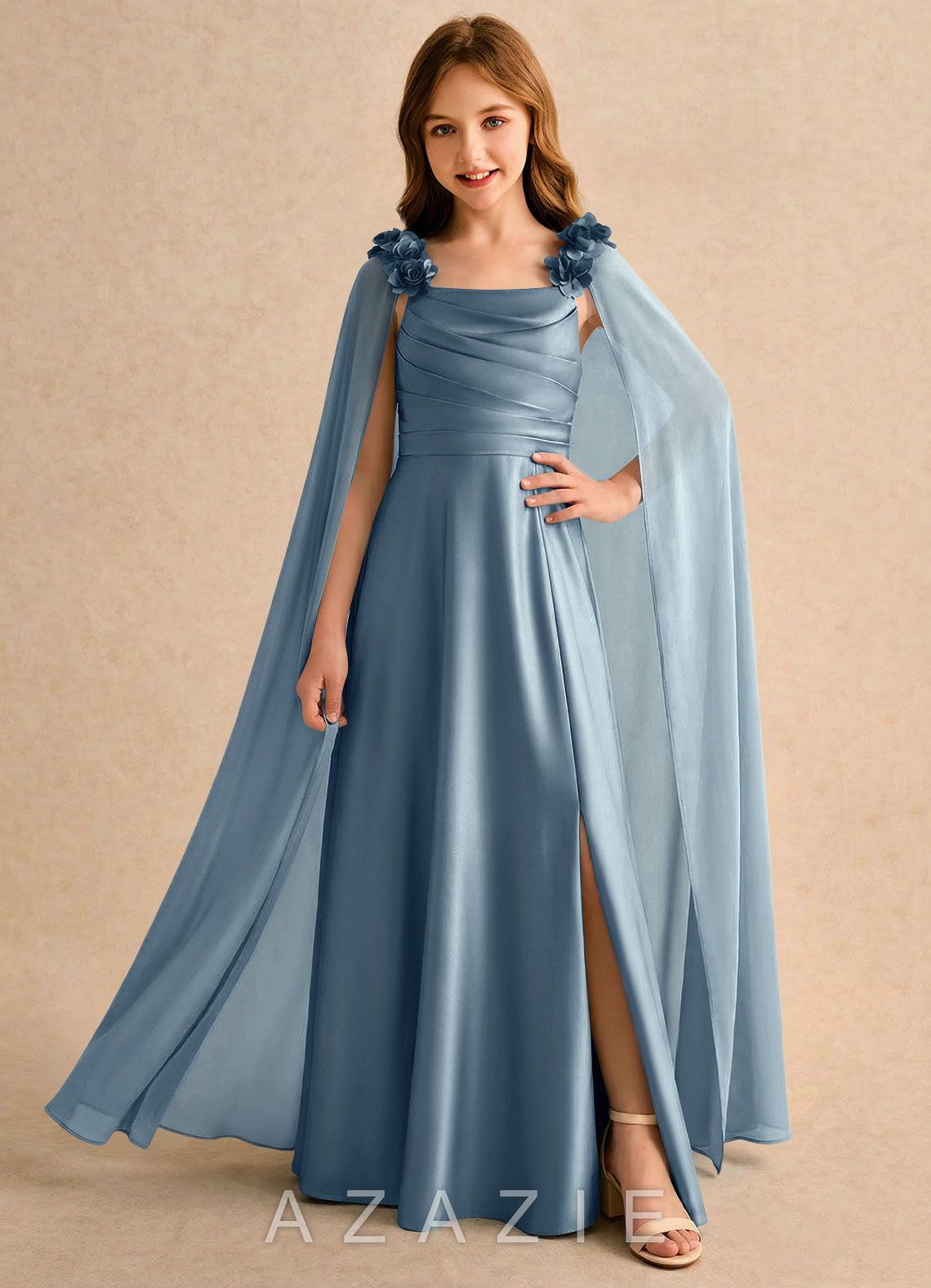 Azazie Rosita Girls Formal Dusty Blue A-Line Pleated Stretch Satin Dress