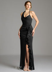 Azazie Gwyneth Black Mermaid Pleated Premium Stretch Jersey Dress black