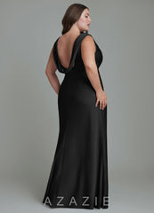 Azazie Kieryn Black Mermaid Pleated Stretch Satin Dress black