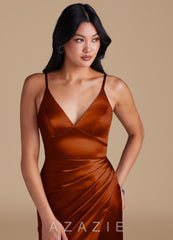 Azazie Shania Auburn Sheath Pleated Metallic Satin Dress auburn