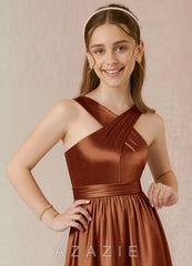 Azazie Jiya Junior Auburn A-Line Pleated Metallic Satin Dress auburn