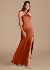 Azazie Rue Auburn Mermaid Pleated Metallic Satin Dress auburn