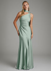Azazie Amara Agave Mermaid One Shoulder Stretch Satin Dress