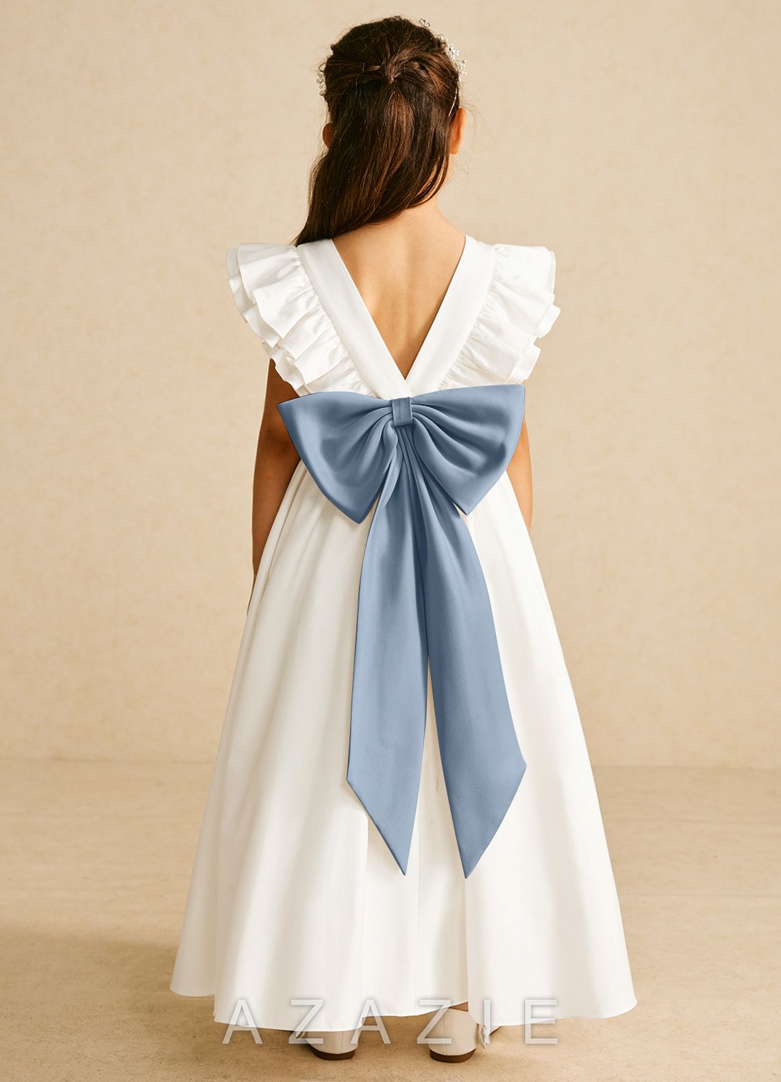 Azazie Aero Ivory Dusty Blue A-Line Pleated Cotton Dress