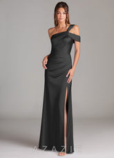 Azazie Wynter Black Sheath One Shoulder Stretch Satin Dress